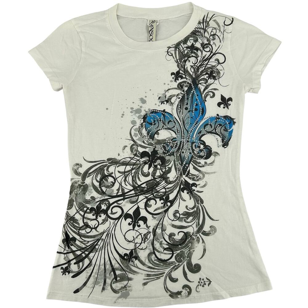 Vintage y2k Women's White Black Blue Bedazzled Ransom Floral Cross T Shirt Sz L
